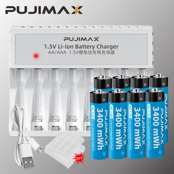 PUJIMAX AA1.5V 3400mWh Перезаряжаемая Литиевая батарея + 8-слотное Умное зарядное устройство с кабелем Micro USB Для Будильника, Фонарика