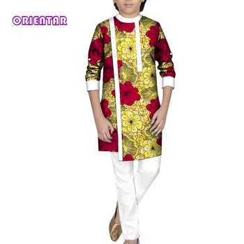 Детская одежда в африканском стиле, модный костюм для мальчиков в Анкаре, комплект из 2 предметов, рубашка Dashki и длинные брюки Bazin Riche Africa Clothing WYT726