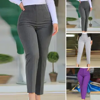 Женские брюки с высокой талией, плиссированные карманы, Женские брюки девятой длины, однотонные прямые брюки для костюма