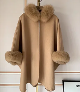 Женское пончо в стиле подиума с отделкой из натурального лисьего меха и кашемировой накидкой Шерстяное Модное осенне-зимнее теплое пальто