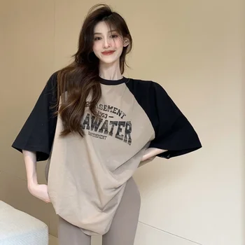 Летняя футболка в стиле пэчворк контрастного цвета, топы с круглым вырезом и коротким рукавом, Свободные Пуловеры, корейская повседневная модная женская одежда