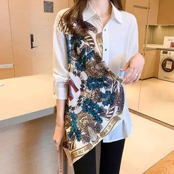 Женская блузка ПОЛО с воротником-поло и длинными рукавами, новые поступления, винтажный принт, Дизайн сращивания неправильной формы для весны и осени