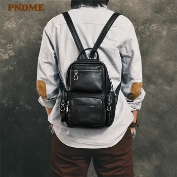 PNDME повседневный мужской женский рюкзак из натуральной кожи, многофункциональный, с несколькими карманами, роскошная черная нагрудная сумка из мягкой воловьей кожи