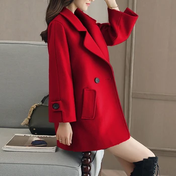 Модная Зимняя куртка, Женское Двубортное Шерстяное пальто, Однотонная Корейская Тонкая Женская Шерстяная куртка, Свободные Пальто