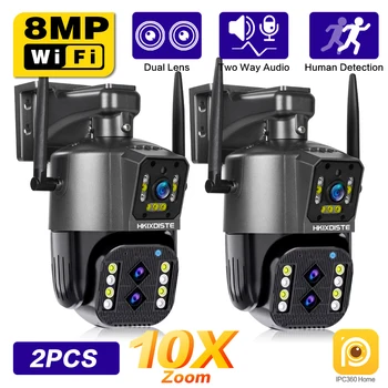 8MP 4K IP WiFi Уличная камера PTZ С тремя объективами и двойным экраном с 10-кратным Зумом Автоматическое Отслеживание Водонепроницаемые Беспроводные PTZ Камеры безопасности P2P