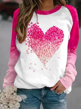 Женская одежда, повседневная свободная футболка с круглым вырезом, повседневная одежда, сексуальные футболки, топ с длинными рукавами и принтом сердца на День Святого Валентина