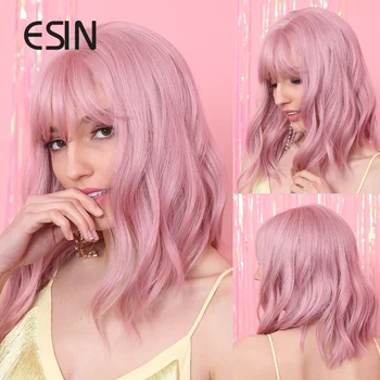 ESIN Розовые синтетические волосы средней длины, свободный парик с челкой для женщин, повседневный косплей, натуральный термостойкий