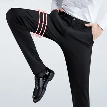 Мужские костюмные брюки Прямого кроя, без морщин, однотонные, с карманами на высокой талии, Эластичные, Мягкие, дышащие, гладкие, тонкие деловые брюки
