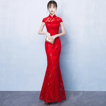 Красное Женское Свадебное Ципао в Восточном Стиле для Невесты, Элегантное Длинное Платье в Китайском Стиле, Роскошный Халат, Вечерние Платья Vestido S-4XL