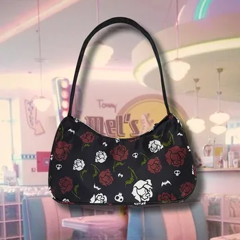 MBTI Винтажная женская сумка через плечо в готическом стиле Y2k, американская ретро сумка с принтом розы и черепа, Милая эстетичная женская сумка под мышку