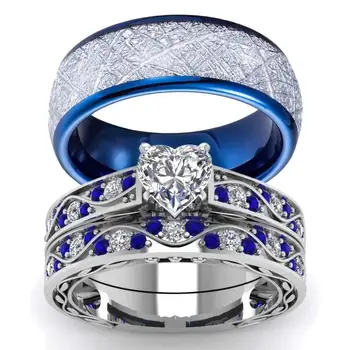Модные кольца для пары, Романтические Женские кольца с цирконом в виде сердца, Набор мужских синих колец из нержавеющей стали, ювелирные изделия для свадебной вечеринки, подарки