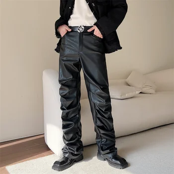 2023Дизайн, Плиссированные Брюки в стиле панк, Мужские Кожаные Темные уличные Модные Мотоциклетные брюки Высокой Уличной формы