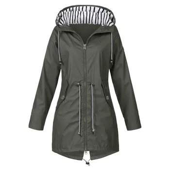 Уличная Куртка, Ветрозащитное Водонепроницаемое пальто с капюшоном, Легкая куртка, Плащ с длинным рукавом, Дождевик на молнии и шнурке Для дам